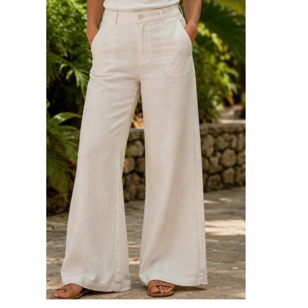 DStudio Womens White 100% Linen Wide Leg Lined Trousers Pants Size 12